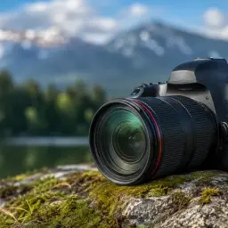 Aparat z teleobiektywem na kamieniu, w tle góry i jezioro. Idealny do fotografii przyrodniczej.