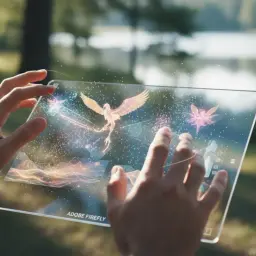 Ręce trzymają przezroczysty tablet, na którym za pomocą Adobe Firefly tworzone są świetliste stworzenia, jak ptak i ważki, na tle natury.
