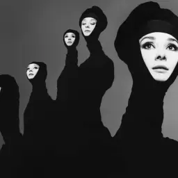 Pięć twarzy Audrey Hepburn w czarnych kapturach, jakby wyłaniających się z mroku. Ikoniczne ujęcie w stylu Richarda Avedona.