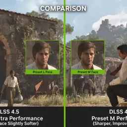 Porównanie DLSS 4.5: presety co to? Preset L Ultra Performance daje łagodniejszą twarz, Preset M Performance ostrzejszy obraz.
