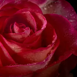 Fotografia makro. Krople rosy na płatkach czerwonej róży, podkreślające jej delikatną strukturę i głębię koloru.