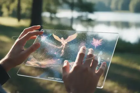 Ręce trzymają przezroczysty tablet, na którym za pomocą Adobe Firefly tworzone są świetliste stworzenia, jak ptak i ważki, na tle natury.