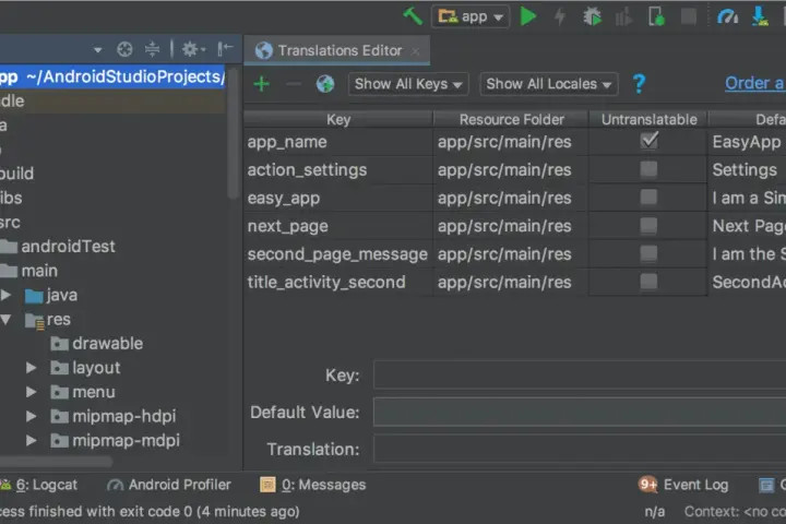 Edytor tłumaczeń w Android Studio, pokazujący klucze i wartości tekstowe do lokalizacji aplikacji. Nx Studio po polsku.