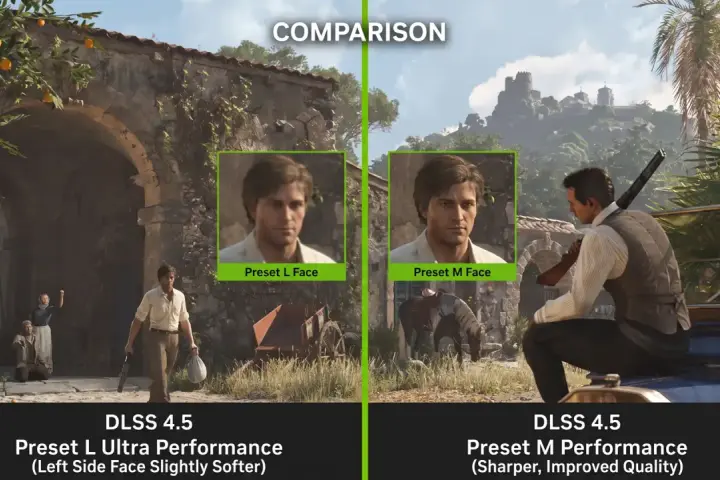 Porównanie DLSS 4.5: presety co to? Preset L Ultra Performance daje łagodniejszą twarz, Preset M Performance ostrzejszy obraz.