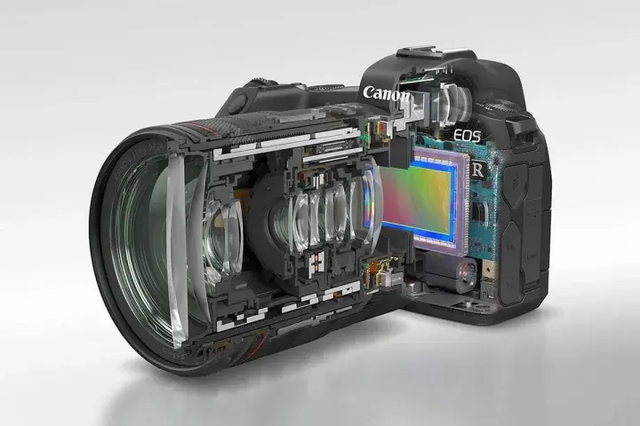 Przekrój aparatu Canon EOS R z widoczną matrycą pełnoklatkową, soczewkami obiektywu i elektroniką.