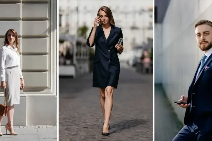 Eleganckie zdjecie biznesowe: kobieta w jasnej bluzce i spódnicy, druga w granatowej sukience, mężczyzna w garniturze z telefonem.