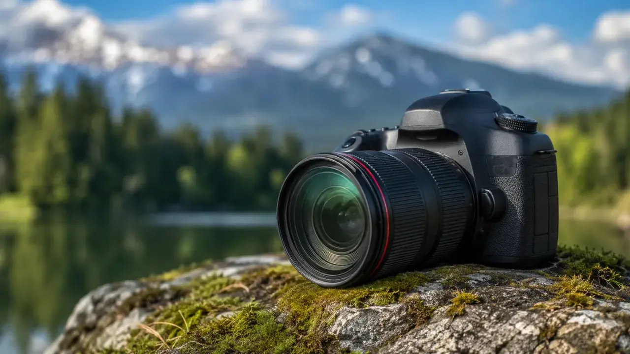 Aparat z teleobiektywem na kamieniu, w tle góry i jezioro. Idealny do fotografii przyrodniczej.