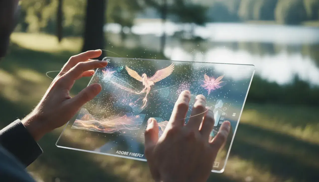 Ręce trzymają przezroczysty tablet, na którym za pomocą Adobe Firefly tworzone są świetliste stworzenia, jak ptak i ważki, na tle natury.
